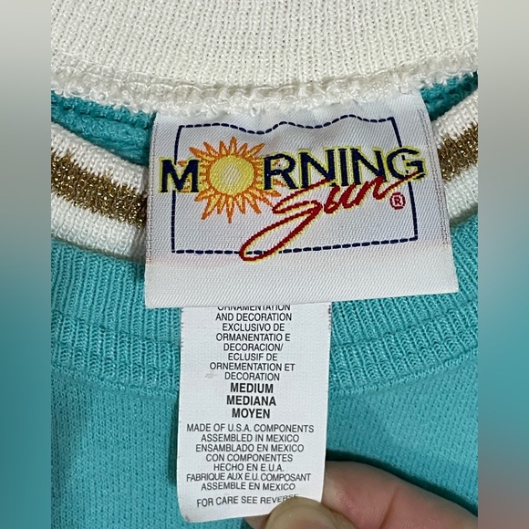 Vintage 90s Morning Sun Teal Double Collar Grandma Sweatshirt Crewneck Poppy Med - Picture 7 of 8